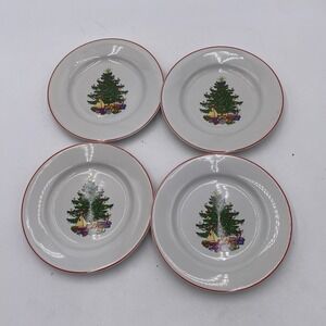Set Of 4 Cuthbertson American Christmas Tree Bread Plates 6.5" Red Rim Dessert